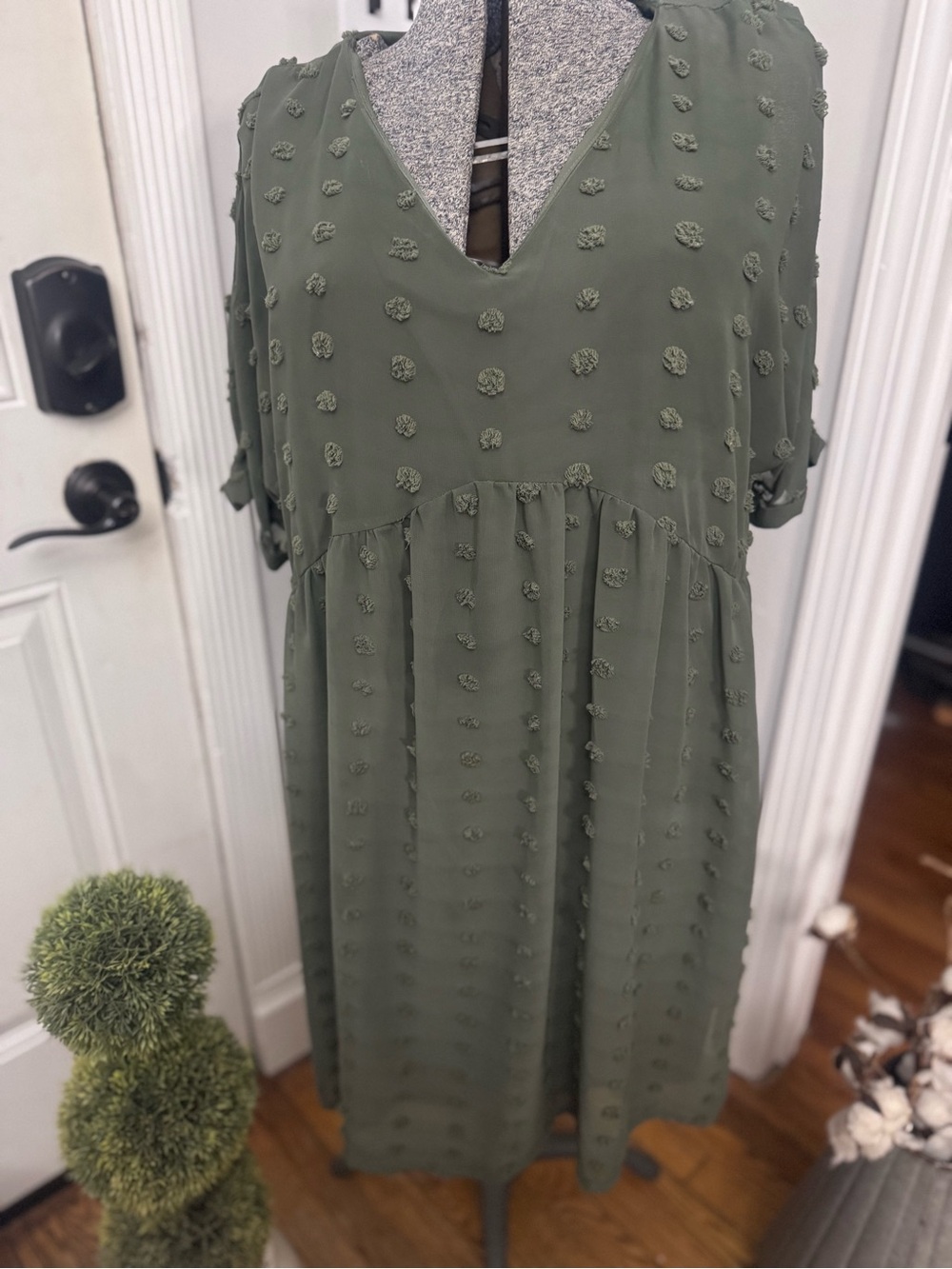 Women’s Zenana Olive Green Swiss Dot V-Neck Women's Dress Large